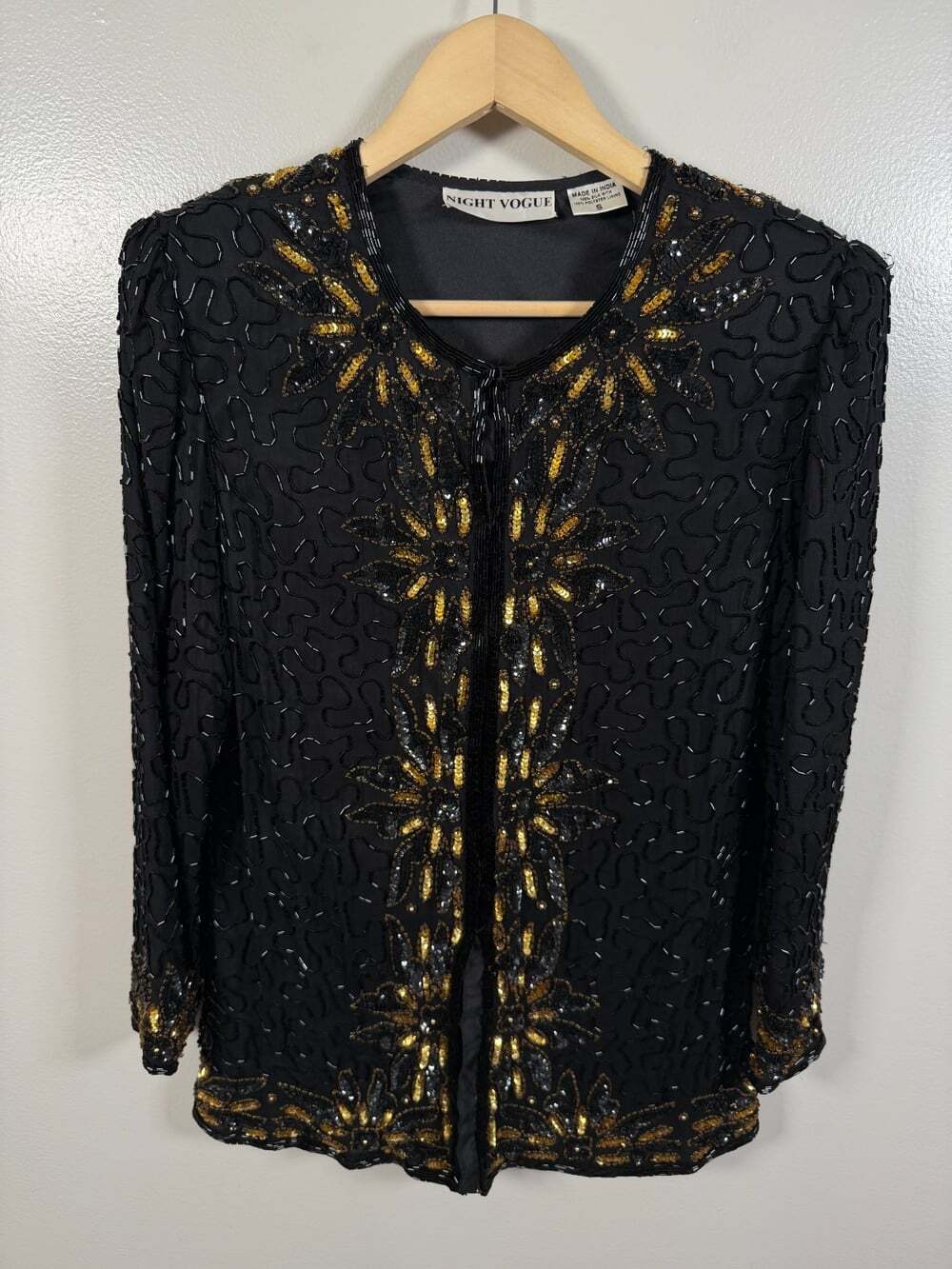 Vintage Night Vogue 100% Silk Jacket Small Beaded Sequin Black Gold Glam 80s